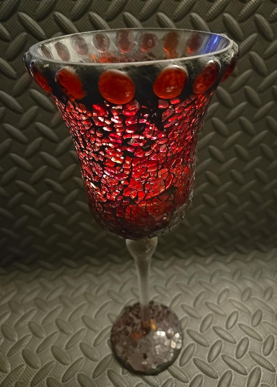 Large 13" Mosaic Glass Goblet Candle Holder Red Amber Crackle Glass Decor